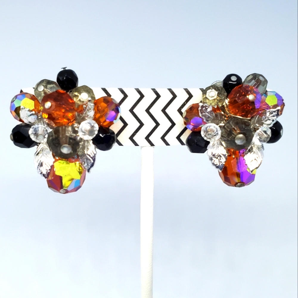 Vintage Vendome Orange Black Cluster Earrings